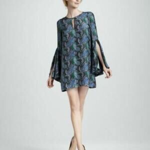 Elizabeth and James | Bell Sleeve Silk Mini Dress Peacock Print XS